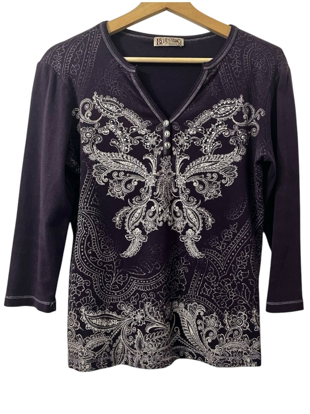 Vintage Y2K Women’s Henley Top Petite Medium Butterfly Purple Whimsigoth Grunge